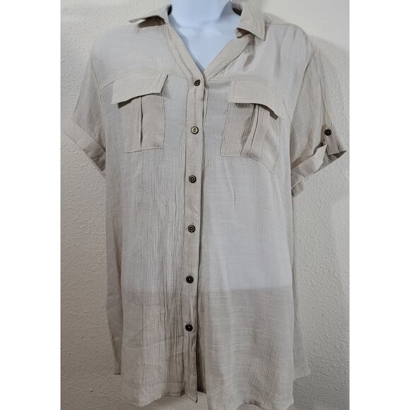 Westport Beige Tan Metallic Shine Button Up Top 1X Plus Lightweight Soft Pockets - Picture 1 of 4